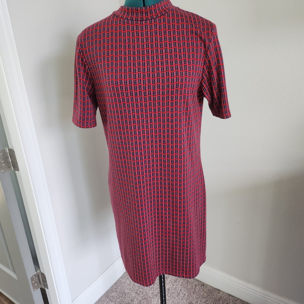Topshop Shift Dress Womens 12 Red Navy Mock Neck Short Sleeve Stretchy Preppy